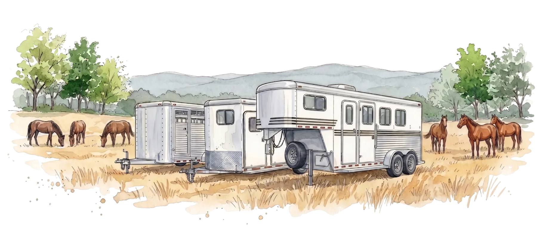 Silver horse trailers parked in a spring pasture with grazing horses